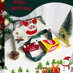 Reusable Christmas Gift Bags Candy Bags Tote Bags with Santa Deer Christmas Tree Design Canvas Handles Grocery Shopping Bags