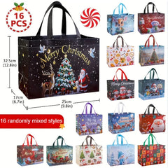16pcs Large Christmas Gift Bags with Handles Reusable Santa, Snowman,Christmas Tree Designs - for Holiday Shopping, Xmas Parties