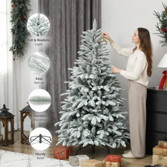 5 Ft Artificial Flocked Christmas Tree, 717 Branch Tips, Hinged Branches, Foldable Metal Stand, Easy Assembly for Home Office Holiday Decor