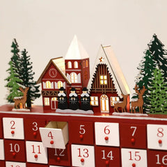 Christmas Countdown House Box Advent 24 Days Wooden Christmas Decor Drawer with LED Light Countdown Calendar for Indoor Holiday