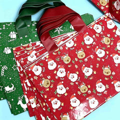 10 Pcs Christmas Gift Bags Mixed Plastic Tote Bags Reusable Candy Packaging Bags For Xmas Party Holiday Decor Friend Gifts