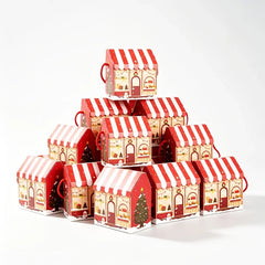 10pcs Christmas House-shaped Gift Boxes with Handles, Featuring Adorable Snowman Christmas Prints,Portable Paper Packaging Boxes