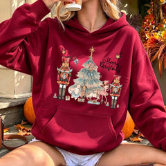 Merry Christmas Nutcracker Print Women Hoodies Vintage Ballerina Mouse Tree Sweatshirt Winter Festive Casual Essential Jumper