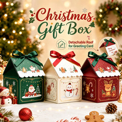 10Pcs Christmas House with Removable Roof Pre-tied Ribbons Thick Cardboard Candy Cookie Box Holiday Party Favors Gift Packaging