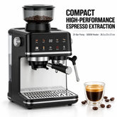 Compact 20-Bar Espresso Machine 1600W Built-In 30-Setting Conical Burr Grinder 51mm Portafilter Pre-Infusion Cold Brew Mode Colour Touchscreen Steam Wand Auto Rinse 1.5L Tank for Home Office Gift