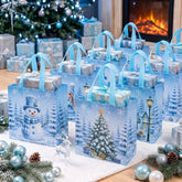 12 Pcs Blue Christmas Non Woven Tote Bags, Snowman, Snow Maiden, Christmas Tree Handbags, Reusable Xmas Gift Packaging Bags