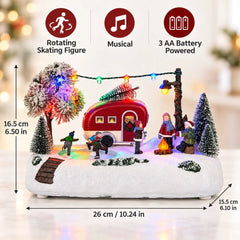 Animated Christmas Village Camper Collection Decor Light Musical Rotating Skating Figures Snowy Winter Tabletop Xmas Ornament