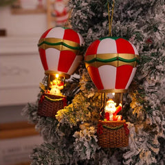 Christmas LED Glowing Ornaments, Snowman Santa Hot Air Balloon with Lights, Resin Miniature Landscape Cabin Xmas Tree Decoration