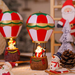 Christmas LED Glowing Ornaments, Snowman Santa Hot Air Balloon with Lights, Resin Miniature Landscape Cabin Xmas Tree Decoration