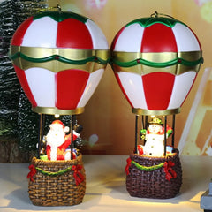 Christmas LED Glowing Ornaments, Snowman Santa Hot Air Balloon with Lights, Resin Miniature Landscape Cabin Xmas Tree Decoration