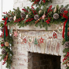 Scandinavian Christmas Wooden Garland, Wood Beads Hemp Rope, Tree Star Dala Horse for Fireplace Mantel Wall Xmas Home Decor