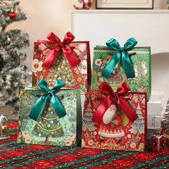 3pcs/pack Christmas Gift Bags Santa Vintage Xmas Tree Bow Ribbon Handle Paper Bags Holiday Present Packaging Storage Bag