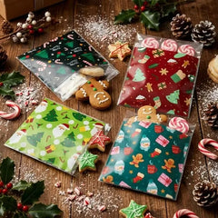 300/100PCS Christmas Cookies Bags Clear Opp Gift Packaging Bag Candy Snack Gift Bags Santa Flower Wreath Printed Pattern Decor