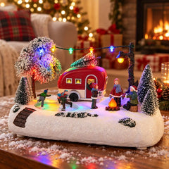 Animated Christmas Village Camper Collection Decor Light Musical Rotating Skating Figures Snowy Winter Tabletop Xmas Ornament