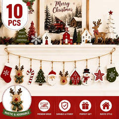 10 pieces Christmas wood decoration, Santa Claus, reindeer, Christmas tree, stars, etc., winter/Christmas house party decoration