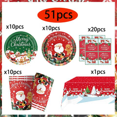 Christmas Tableware Set Xmas Paper Plates Cups Napkins Banner Merry Christmas Home Family Holiday Party Decor Supplies