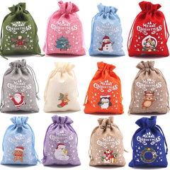10pcs Christmas Linen Drawstring Bag Christmas Pattern Candy Gift Christmas Small Gift Hand Jewelry Bracelet Apple Bag