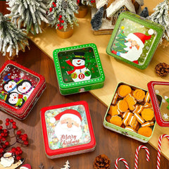 Square Christmas Tin Box Santa Claus Snowman Pattern Tin Box With Lid Cookie Box Mousse Cake Packaging Tin Box Home Storage Box