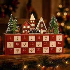 Christmas Countdown House Box Advent 24 Days Wooden Christmas Decor Drawer with LED Light Countdown Calendar for Indoor Holiday