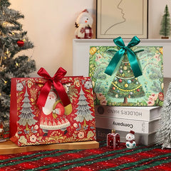 3pcs/pack Christmas Gift Bags Santa Vintage Xmas Tree Bow Ribbon Handle Paper Bags Holiday Present Packaging Storage Bag