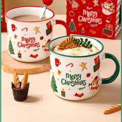 Christmas Ceramic Mug with Lid and Spoon Enamel Look Cartoon Water Cup Holiday Gift Cup for Wedding Party Favor