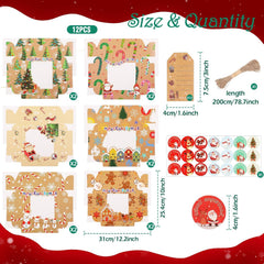 12Pcs Christmas Cup Cake Boxes, 16 * 16 * 7.5Cm Gift Boxes with Window+Rope+Gift Tag Gift Box Baking Packaging Christmas Tree Santa Claus DIY Snack Candy Cookies Food Box for Xmas Party Bakery