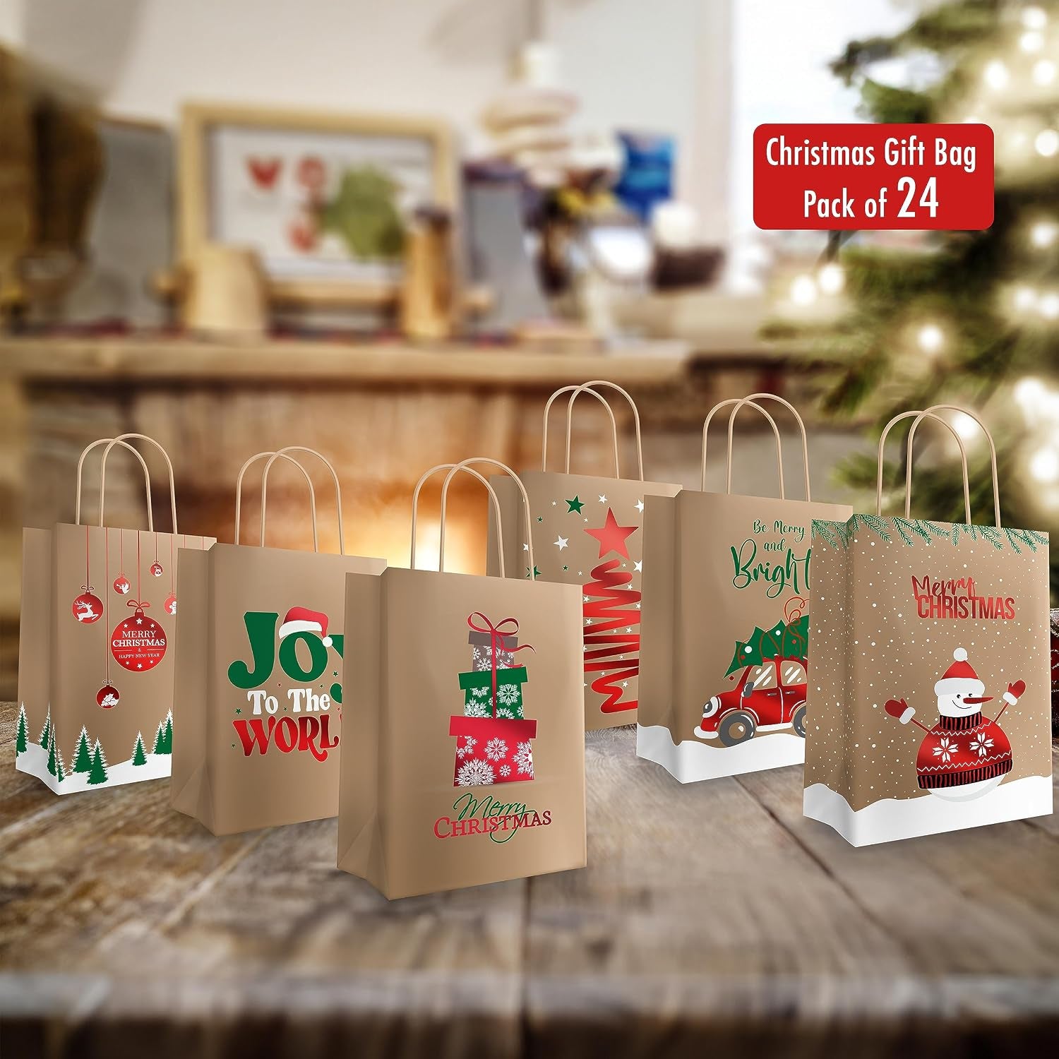 Easykart 24 Christmas Kraft Gift Bags with Red Foiling - Holiday, Xmas, Party Favors (9 X 7.3 X 3.3)