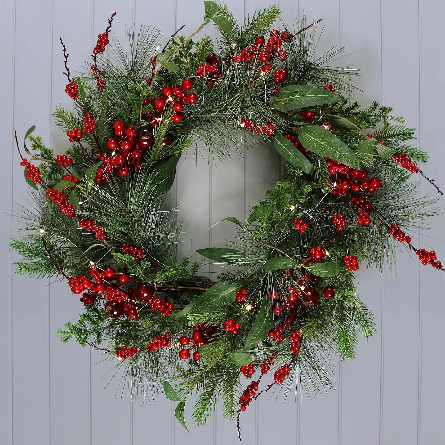 Red Berries Christmas Wreath Light up Pine Spruce Branches Rattan Twigs 60Cm