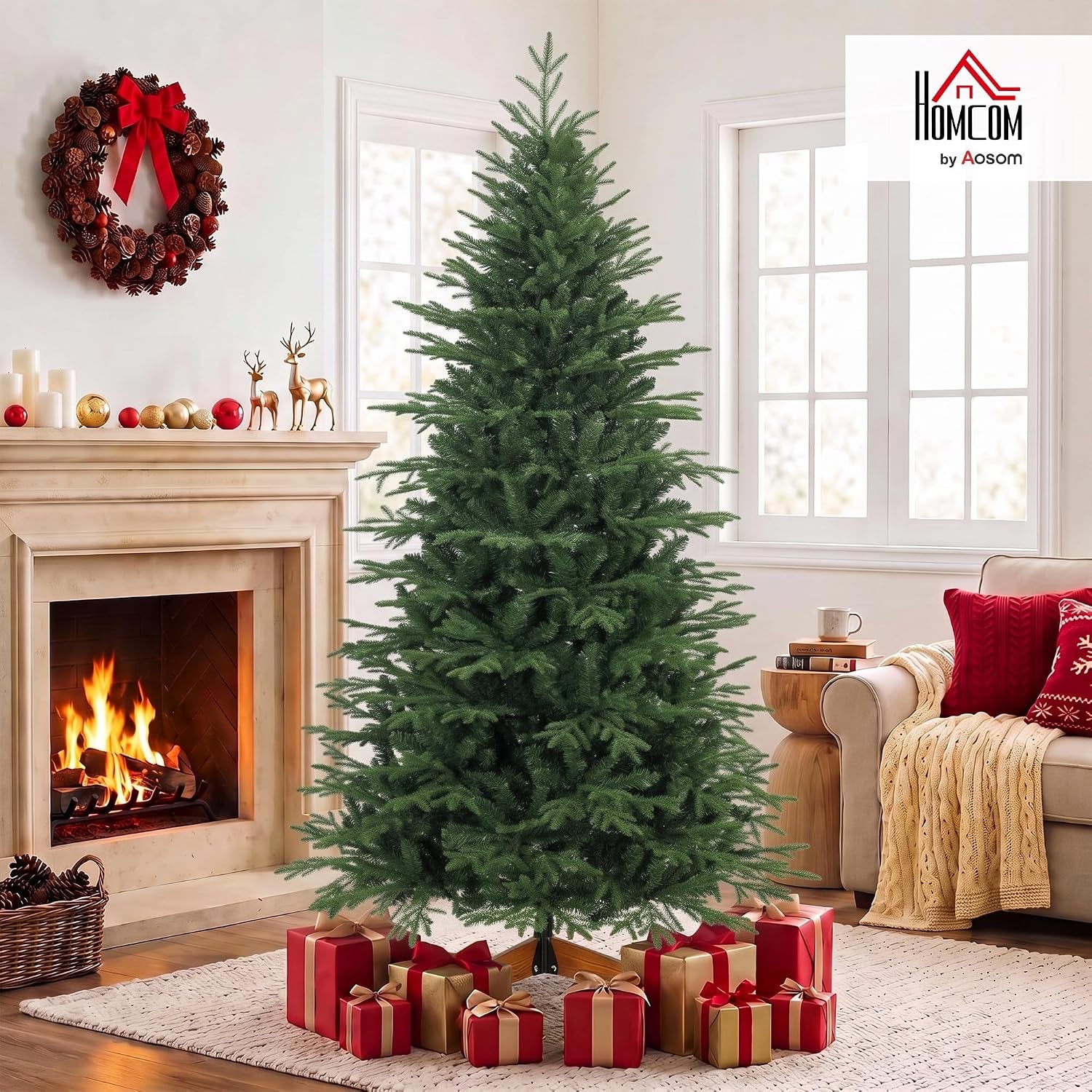 7Ft Artificial Christmas Tree Solid Pine Wood Stand, Green