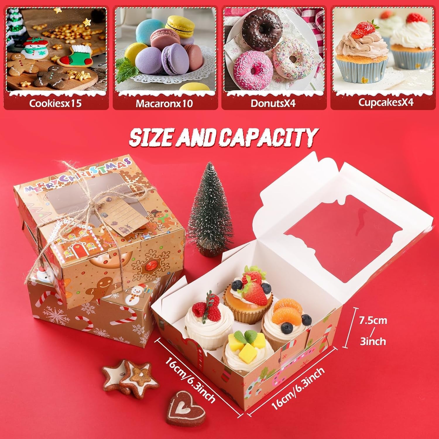 12Pcs Christmas Cup Cake Boxes,  16 * 16 * 7.5Cm Gift Boxes with Window+Rope+Gift Tag Gift Box Baking Packaging Christmas Tree Santa Claus DIY Snack Candy Cookies Food Box for Xmas Party Bakery