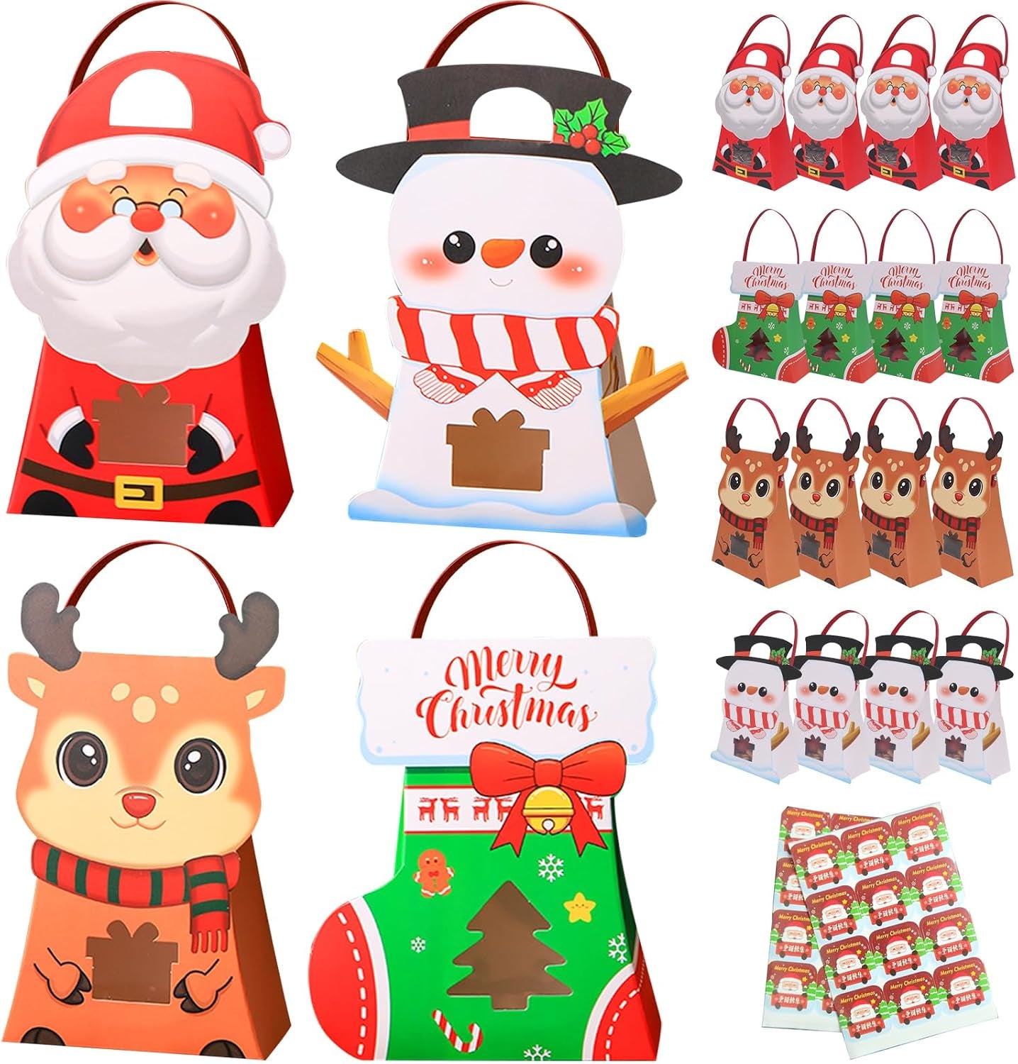 30 PCS Gift Bags with Handles for Christmas, Paper Candy Treat Boxes with Window，Xmas Party Goodie Treat Bags with Stickers for Kids Winter Birthday，Christmas Party Favor Supplies