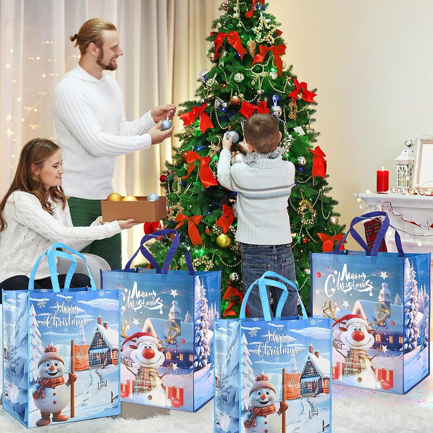 Christmas Tote Bags - 2/4 Pack Large Christmas Bags with Handle Non-Woven Fabric Gift Present Bag，Shopping Bag for Holiday Xmas Event Party