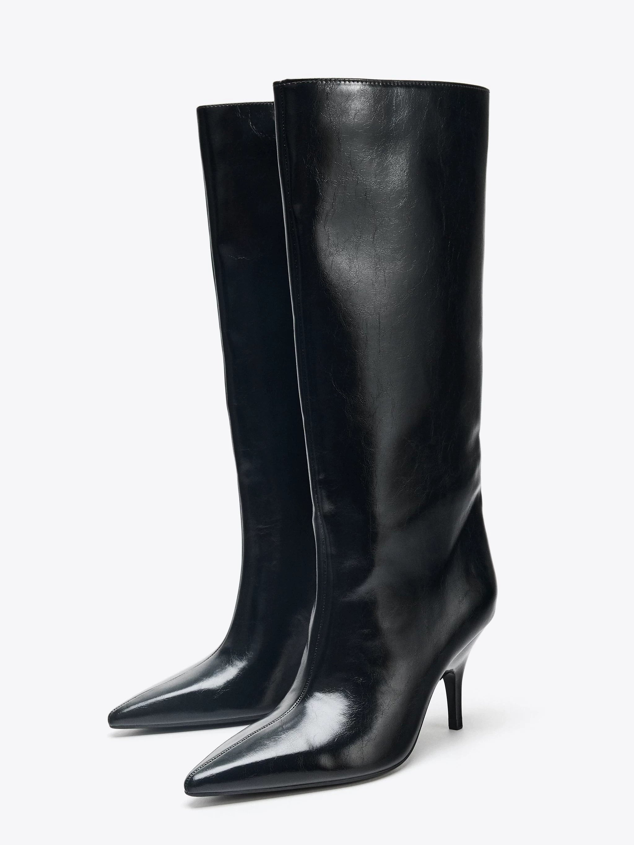 Women’s Black Pointed-Toe High Heel Knee-High Riding Boots,