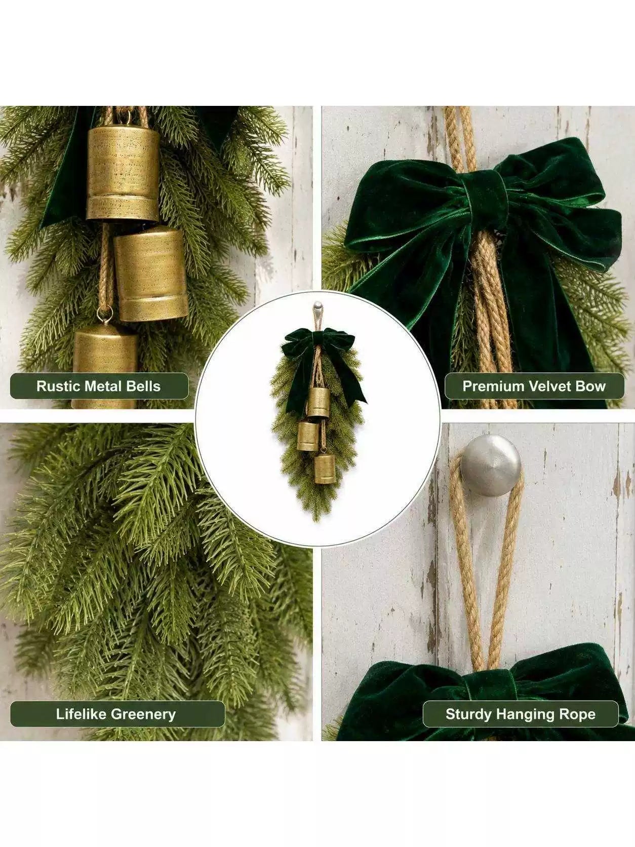 Christmas Door Hanging, Artificial Cedar Greenery and Vintage Metal Bells