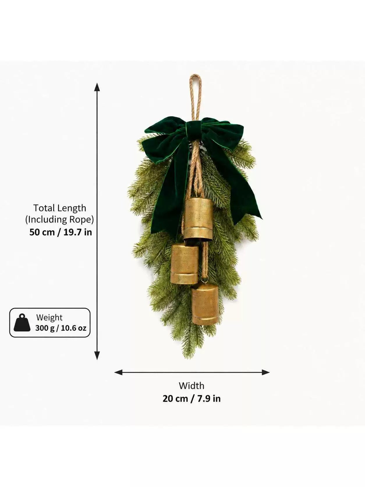Christmas Door Hanging, Artificial Cedar Greenery and Vintage Metal Bells