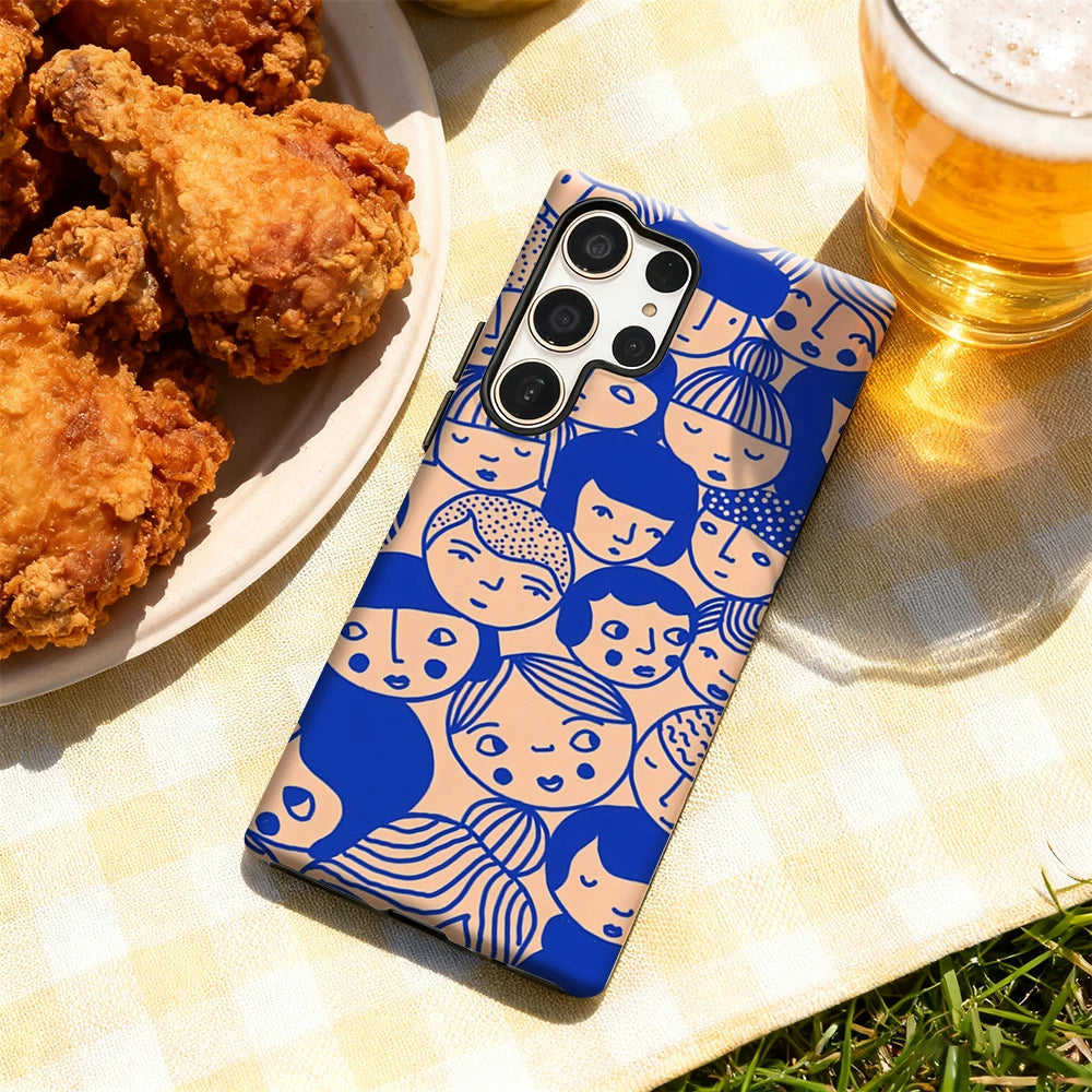 Blue - Lined Cartoon Faces Phone Case for Samsung Galaxy S25 Ultra S24 S23 Ultra Plus Glossy Double-layer Back Cover