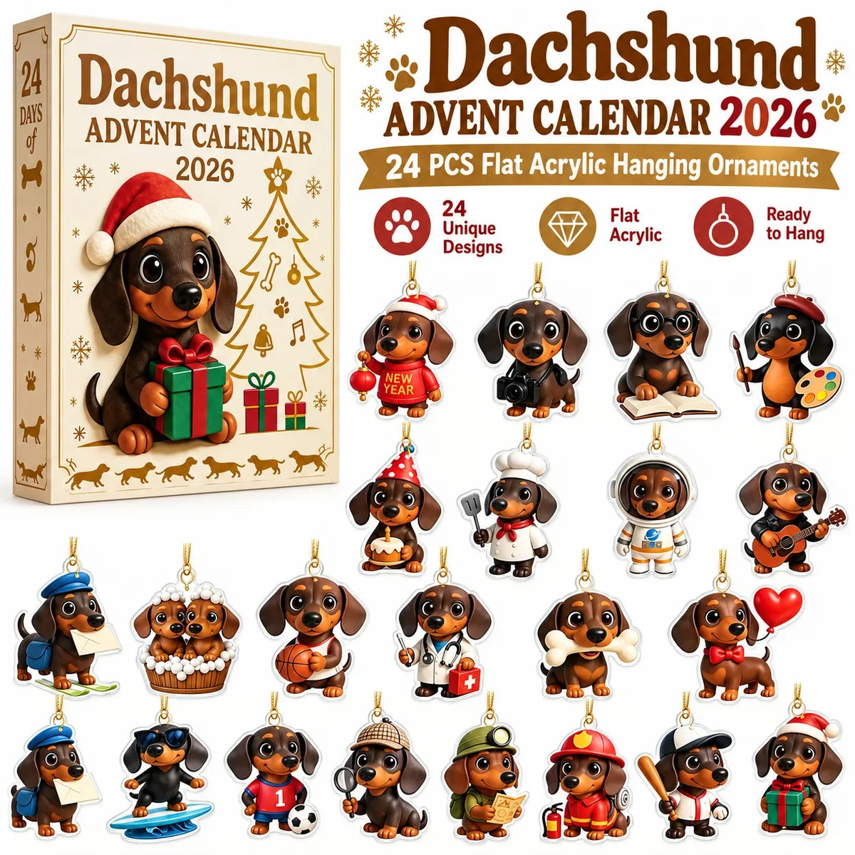 Christmas Dachshund Advent Calendar 24 Days Countdown Dog Ornaments Xmas Tree Decor Collectible Dog Lover Holiday Gift Set
