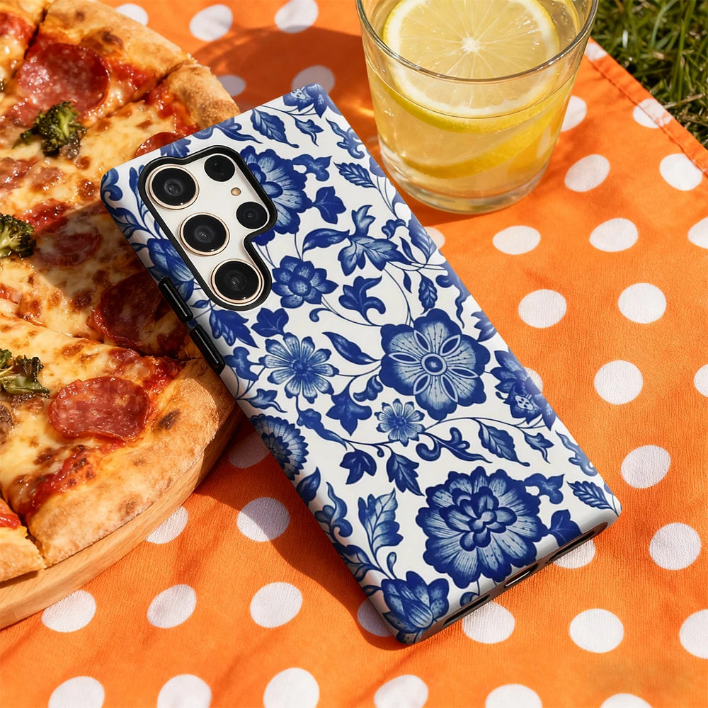 Blue Porcelain Elegance Phone Case for Samsung Galaxy S25 Ultra S24 S23 Ultra Plus Glossy Double-layer Back Cover