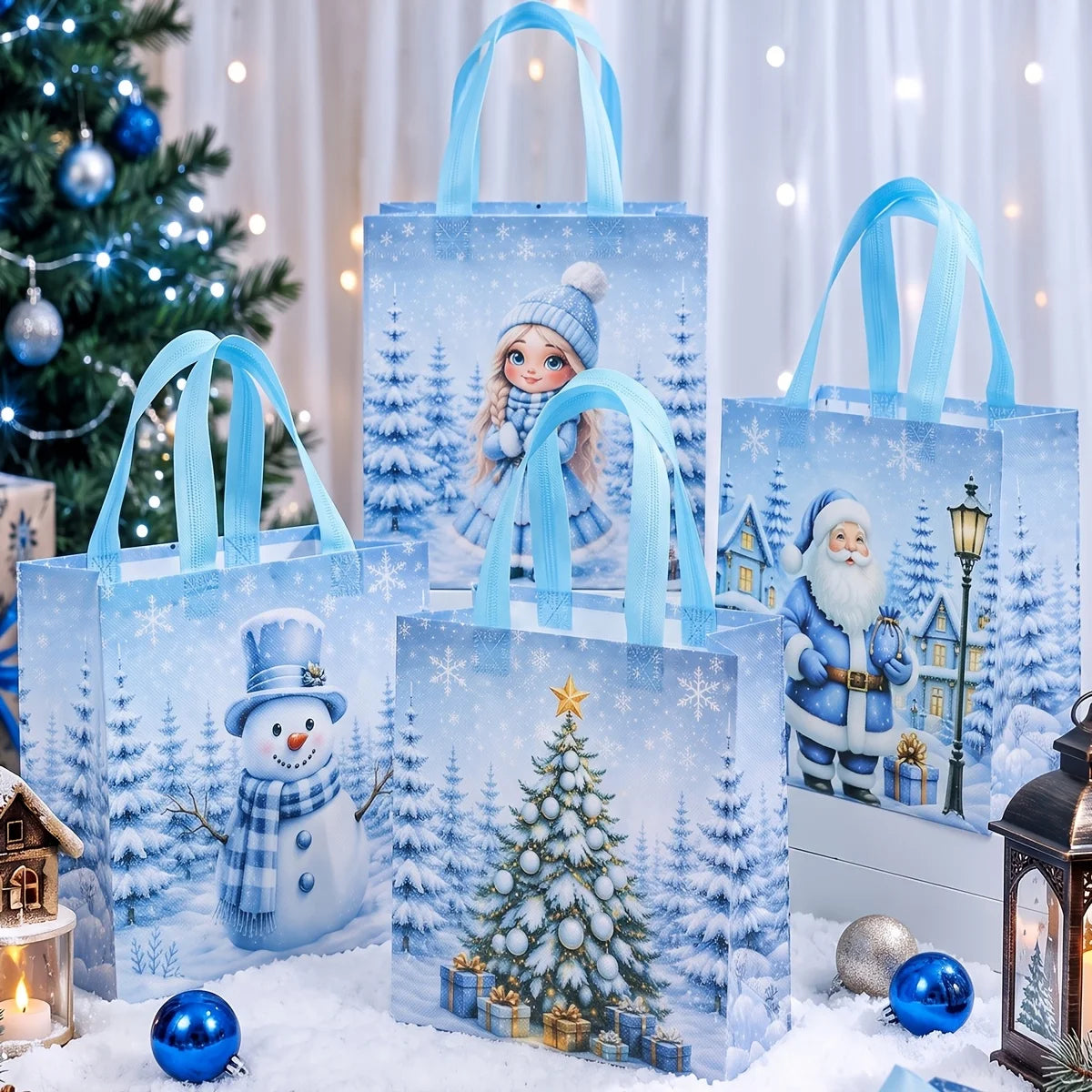 12 Pcs Blue Christmas Non Woven Tote Bags, Snowman, Snow Maiden, Christmas Tree Handbags, Reusable Xmas Gift Packaging Bags