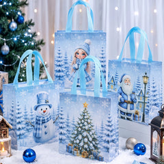 12 Pcs Blue Christmas Non Woven Tote Bags, Snowman, Snow Maiden, Christmas Tree Handbags, Reusable Xmas Gift Packaging Bags
