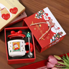 Festive Christmas Themed Ceramic Coffee Mug with Lid Spoon Holiday Gift Box Cartoon Design New Year Souvenir