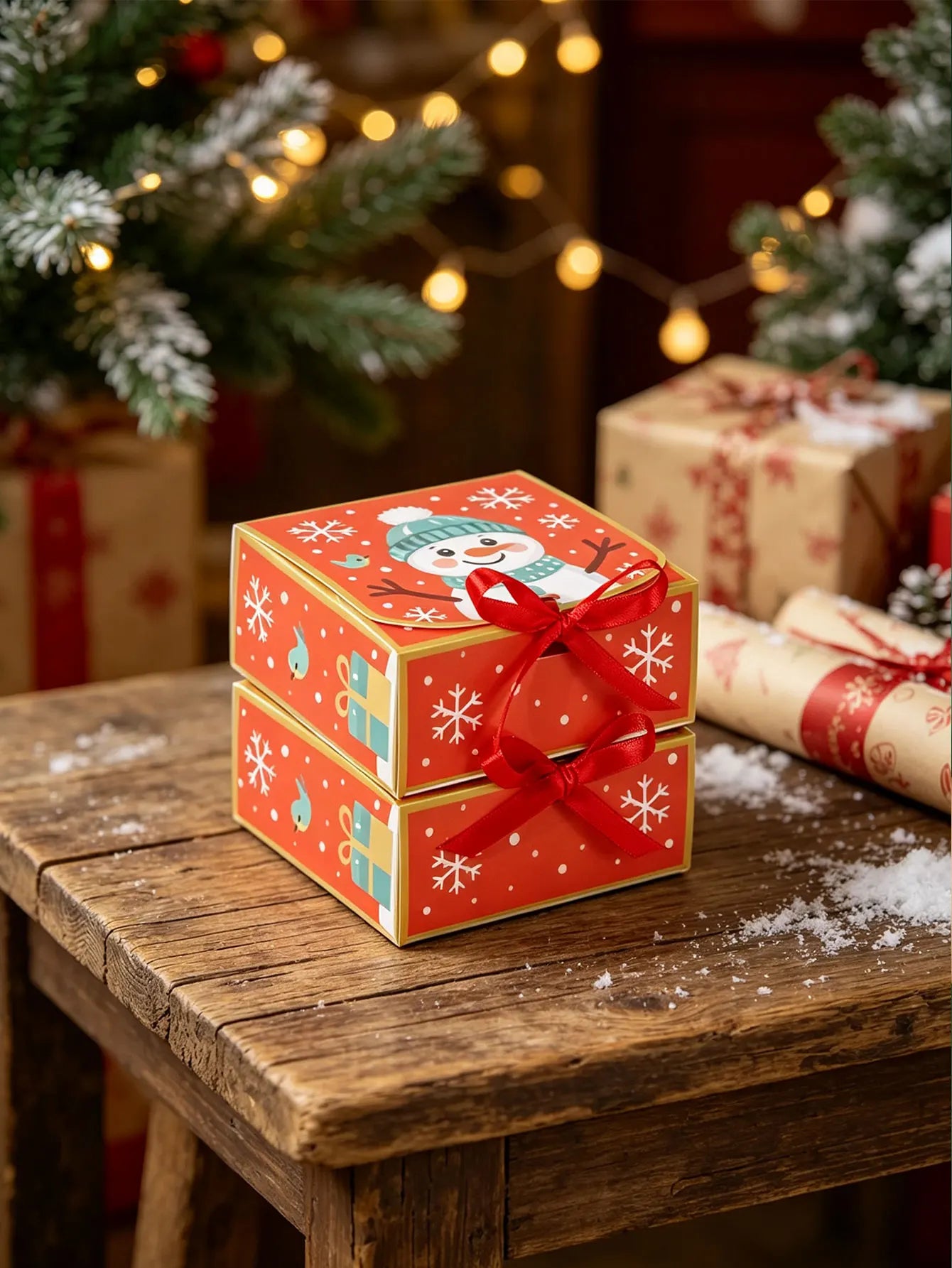 Christmas Snowman Gift Boxes, Paper Candy Cookie Boxes with Red Ribbon, Xmas Party Favor Treat Boxes