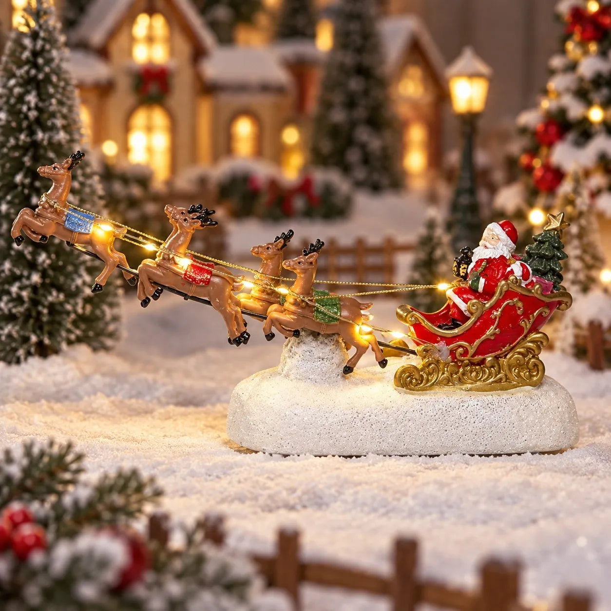 Christmas Village Decoration Santa Sleigh Reindeer Figurine Lighted Musical Christmas Fireplace Tabletop Holiday Home Decor Gift