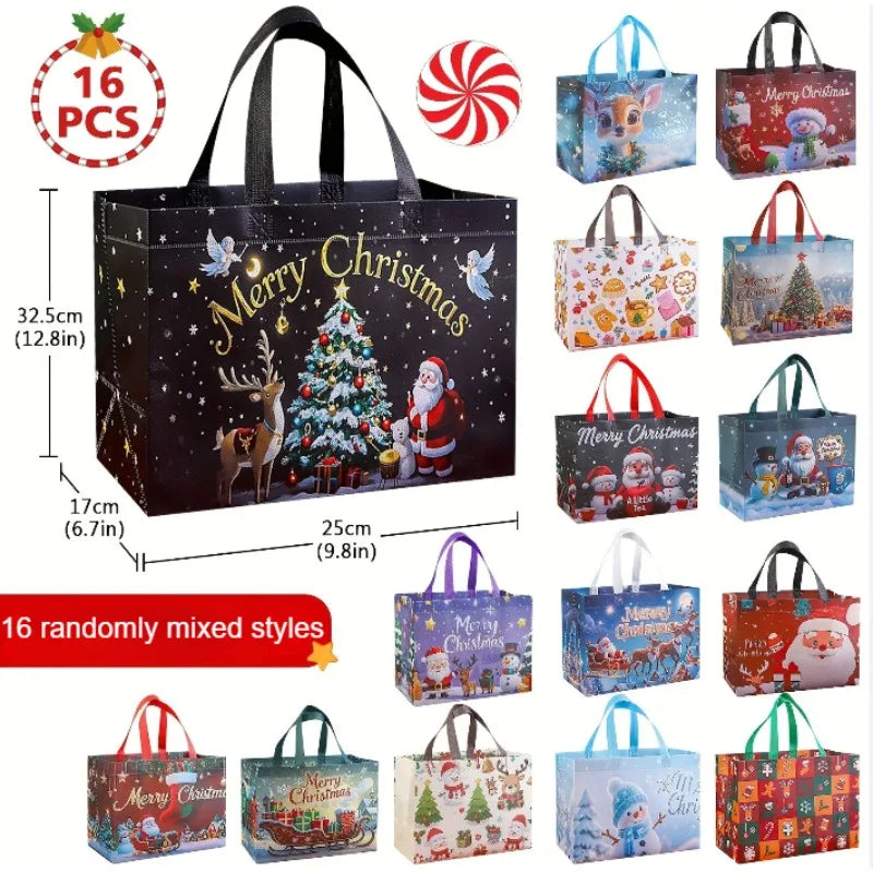 16pcs Large Christmas Gift Bags with Handles Reusable Santa, Snowman,Christmas Tree Designs - for Holiday Shopping, Xmas Parties