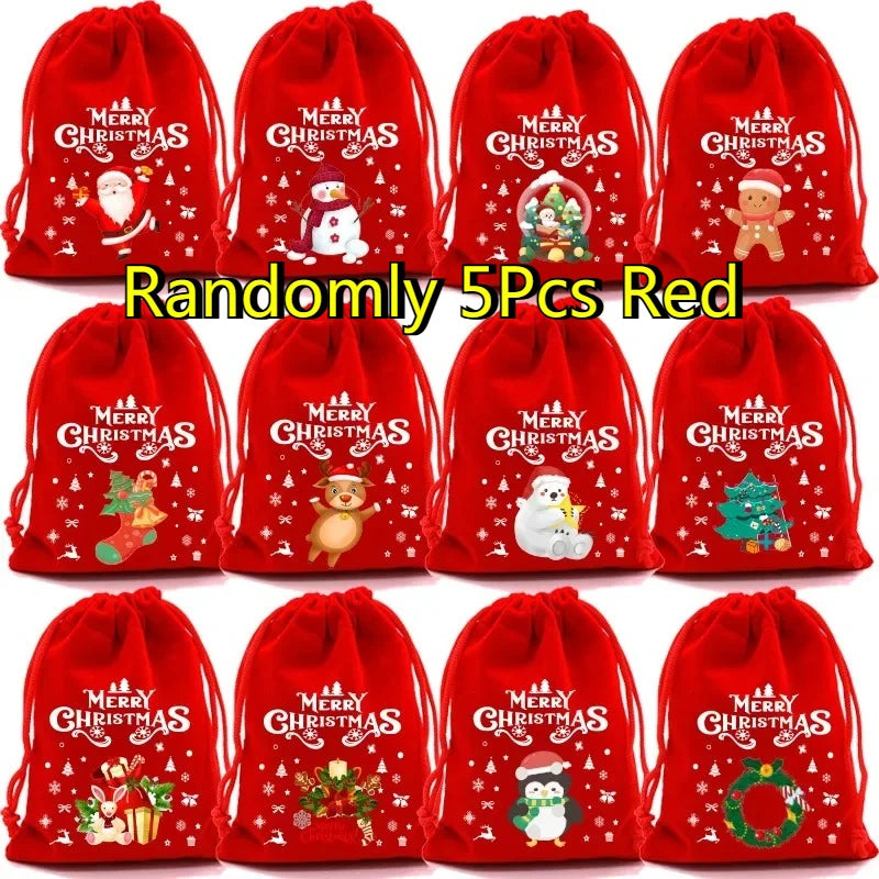 1/3/5Pcs Christmas Gift Bags 15x20cm Drawstring Pouch Santa Candy Bags Velvet Drawstring Bags for Christmas Eve Apple Gifts Bag