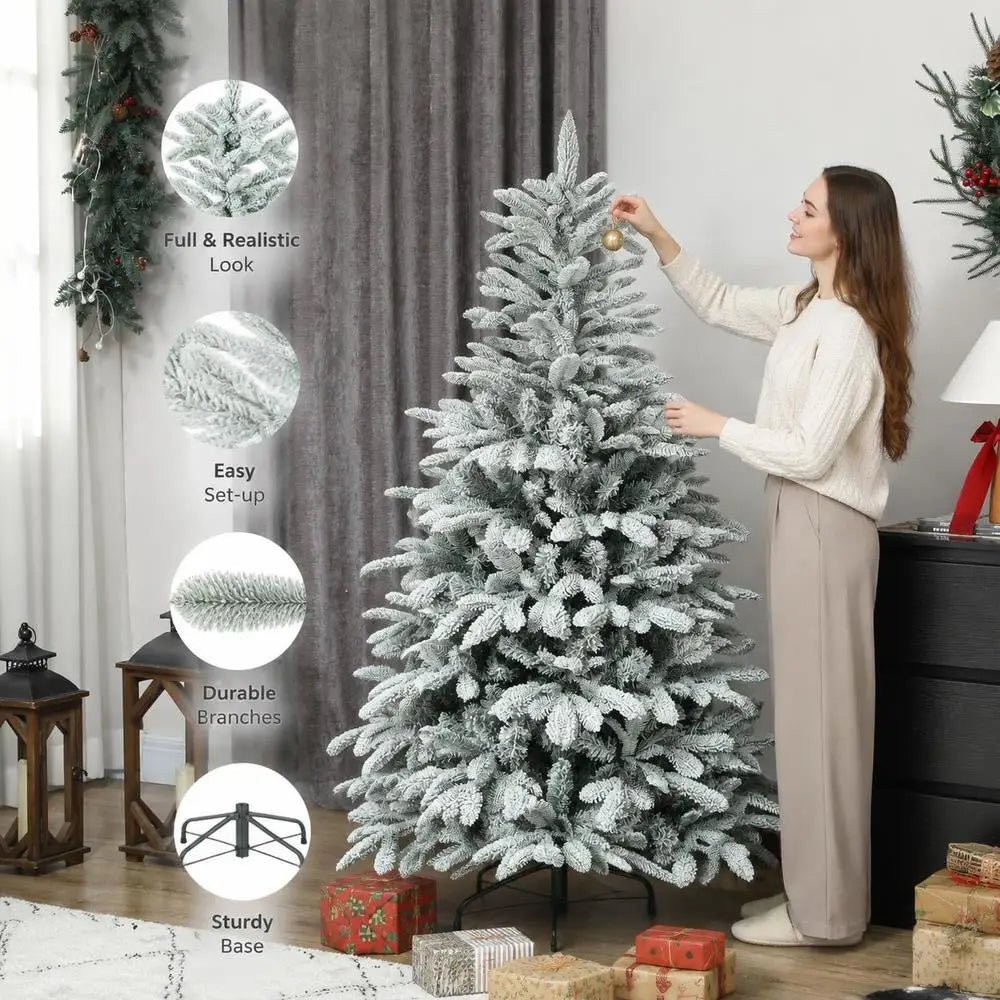 5 Ft Artificial Flocked Christmas Tree, 717 Branch Tips, Hinged Branches, Foldable Metal Stand, Easy Assembly for Home Office Holiday Decor