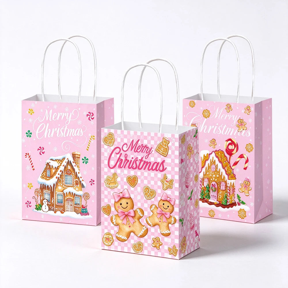 5-50pcs Christmas Paper Gift Bags with Handles Gingerbread House Merry Christmas Party Favor Treat Bags Goodie Candy Bags