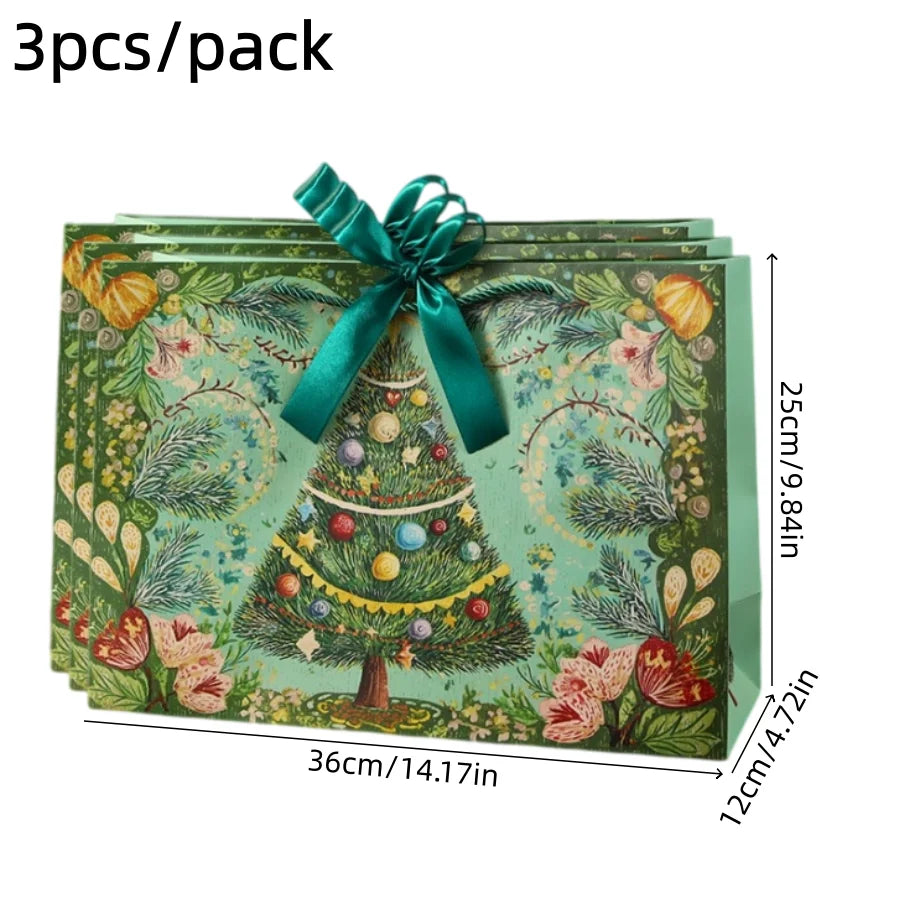 3pcs/pack Christmas Gift Bags Santa Vintage Xmas Tree Bow Ribbon Handle Paper Bags Holiday Present Packaging Storage Bag