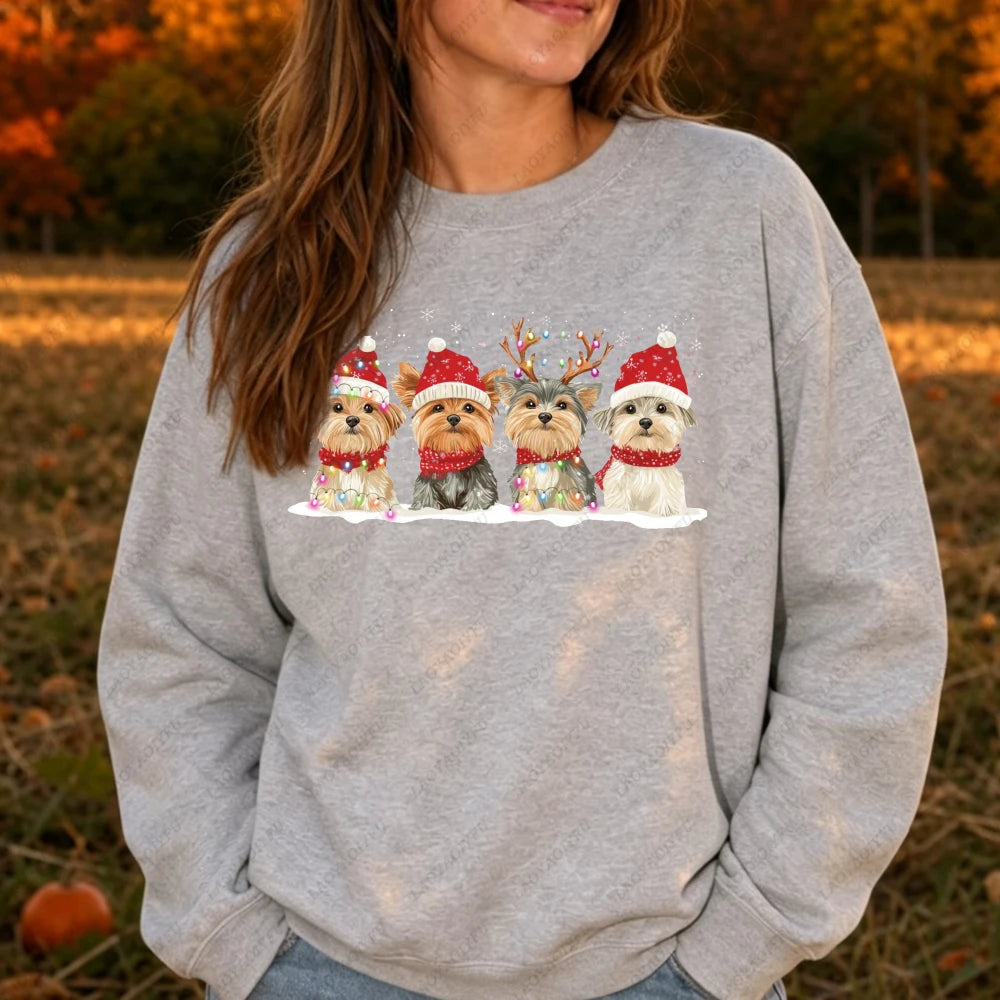 Cute Christmas Dogs Women Sweatshirt Santa Hat Graphic Pullover Autumn Winter Loose Crewneck Jumper Casual Trend Outfits