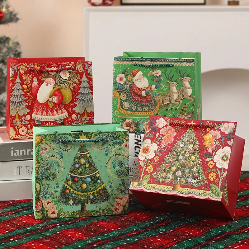 3pcs/pack Christmas Gift Bags Santa Vintage Xmas Tree Bow Ribbon Handle Paper Bags Holiday Present Packaging Storage Bag
